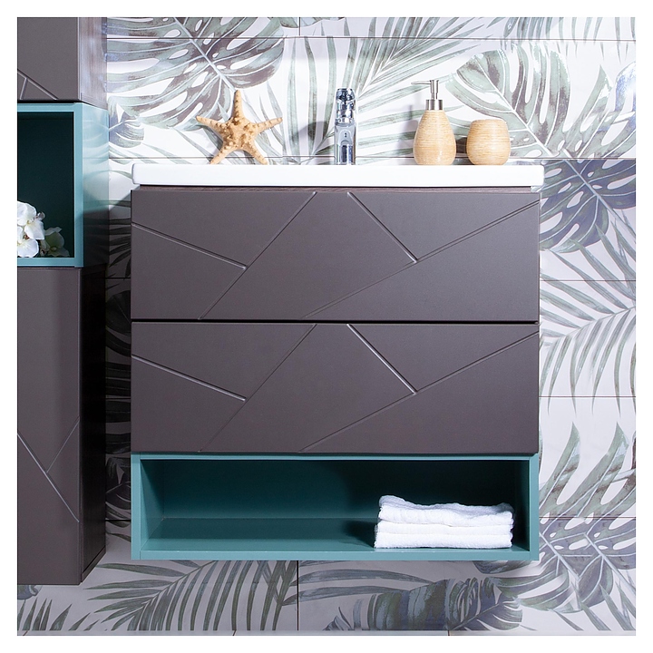 Тумба под раковину БРИКЛАЕР Кристалл 70 см с нишей, подвесная, ясень анкор темный, софт графит, муссон