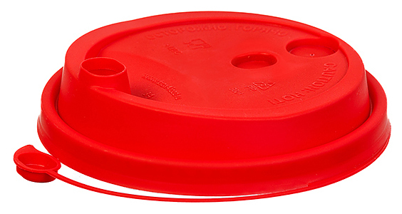 Крышка для стакана 300-500 мл D 90 мм красный с заглушкой и пробивным отверстием для трубочки, пластик ПП