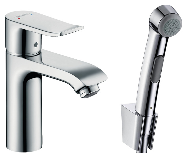 Смеситель для раковины с гигиеническим душем Hansgrohe Metris 31285000 со сливным клапаном Push-Open