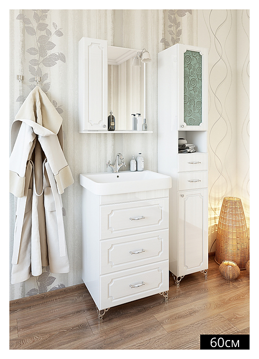 Гарнитур Sanflor Ксения 60 см, 4 предмета, с тумбой на опорах, с правост. зеркалом, с правост. пеналом, белый