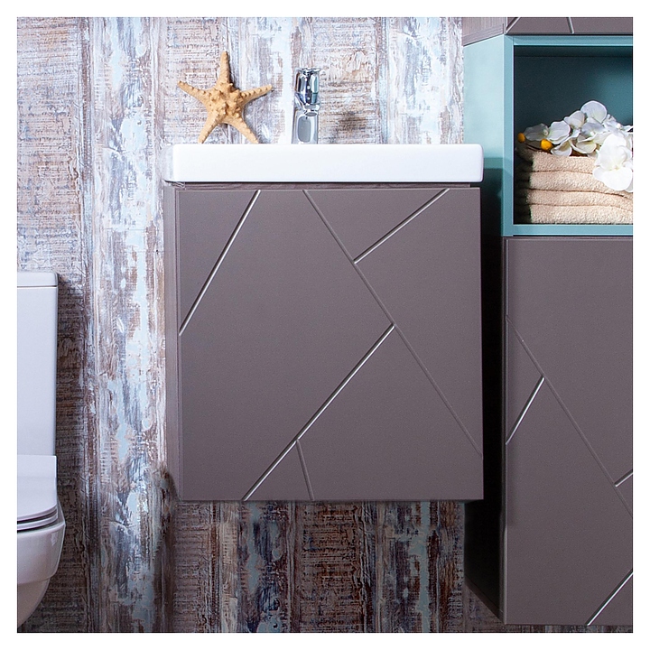 Тумба под раковину БРИКЛАЕР Кристалл 50 см без ниши, подвесная, ясень анкор темный, софт графит