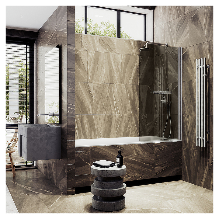 Шторка на ванну с полотенцедержателем MaybahGlass MGV-789-5 80х140 см, распашная, бронза, хром матовый