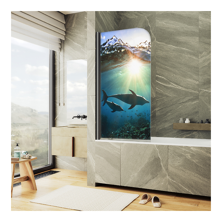 Шторка на ванну с фотопечатью MaybahGlass ФП004-6 80х140 см, поворотная, на монопетле, черный