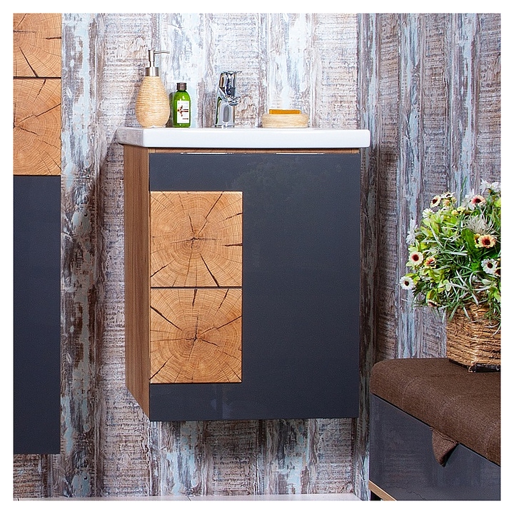 Тумба под раковину БРИКЛАЕР Форест 50 см подвесная, дуб золотой, антрацит, вставки с рисунком 
