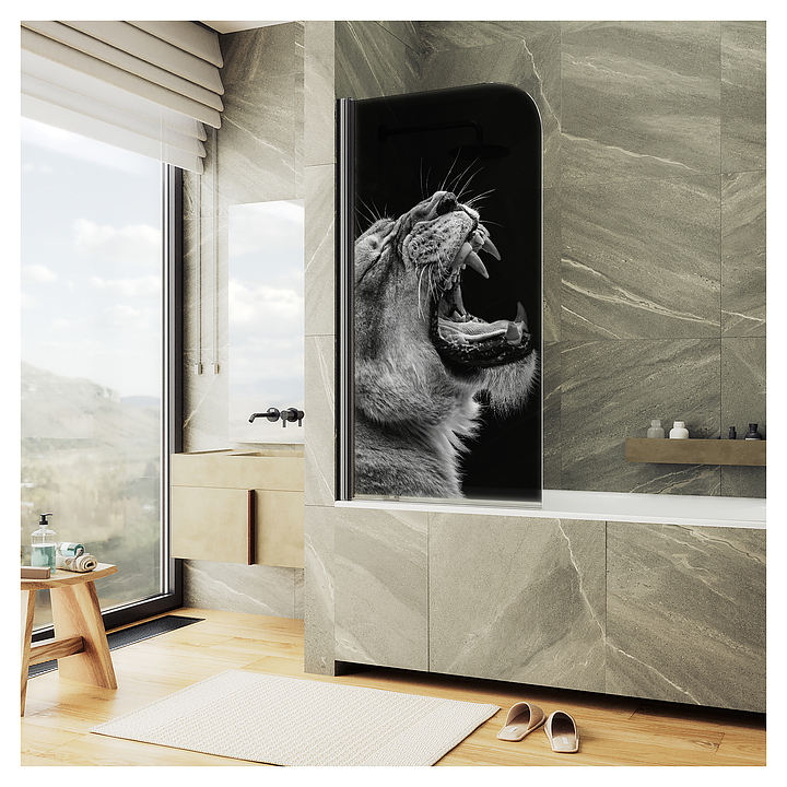 Шторка на ванну с фотопечатью MaybahGlass ФП002-6 80х140 см, поворотная, на монопетле, черный