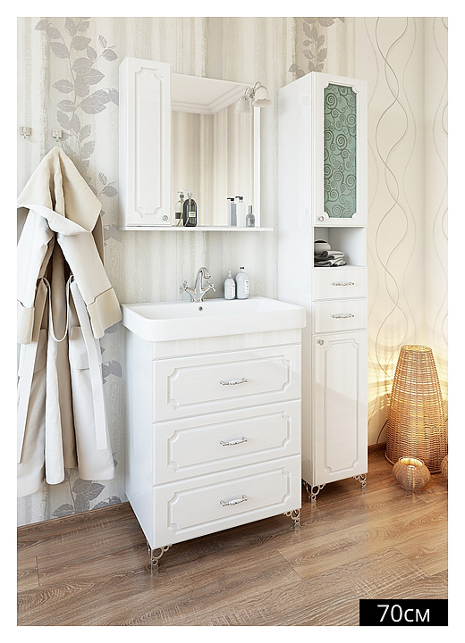 Гарнитур Sanflor Ксения 70 см, 4 предмета, с тумбой на опорах, с левост. зеркалом, с правост. пеналом, белый