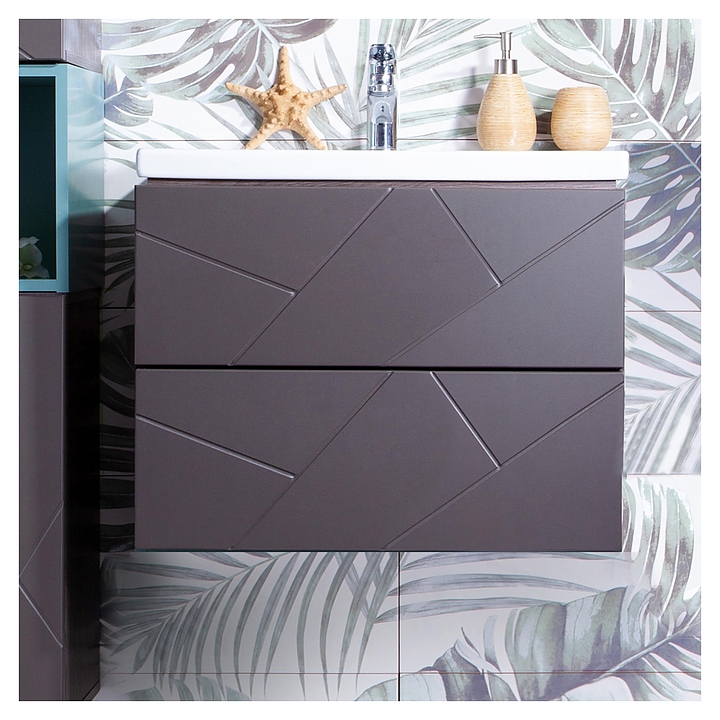 Тумба под раковину БРИКЛАЕР Кристалл 60 см без ниши, подвесная, ясень анкор темный, софт графит