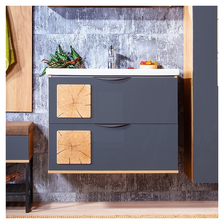 Тумба под раковину БРИКЛАЕР Форест 80 см подвесная, дуб золотой, антрацит, вставки с рисунком 