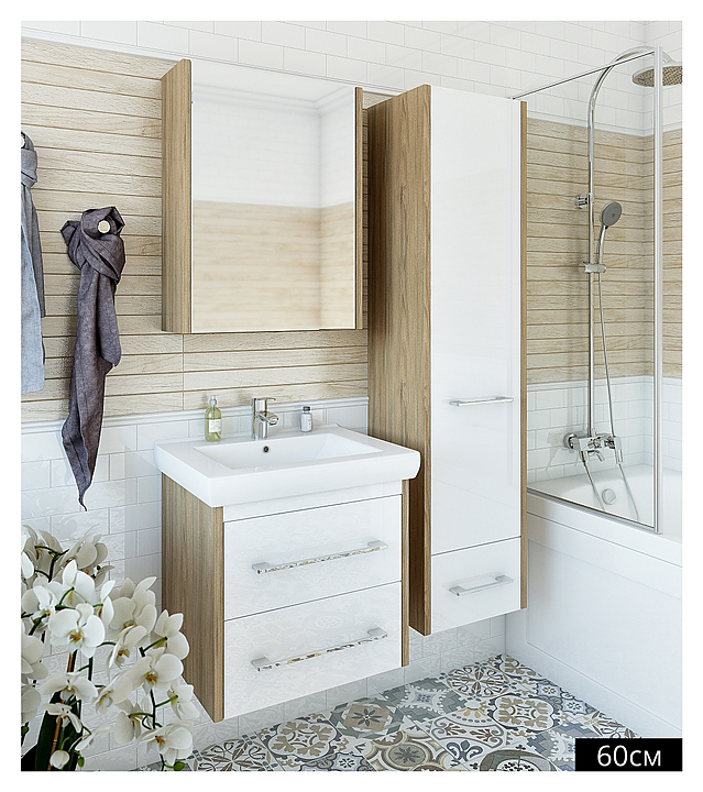 Гарнитур Sanflor Ларго 2 60 см, 4 предмета, подвесной, с левост. зеркалом, с правост. пеналом, швейцарский вяз