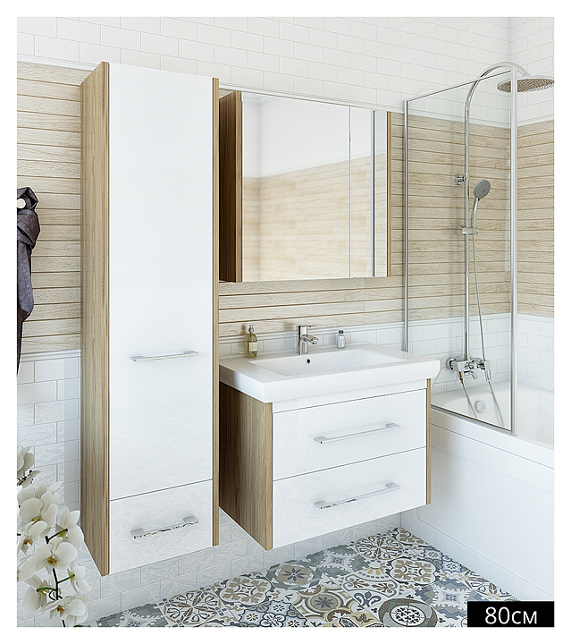 Гарнитур Sanflor Ларго 2 80 см, 4 предмета, подвесной, с правост. зеркалом, с левост. пеналом, белый, швейцарский вяз