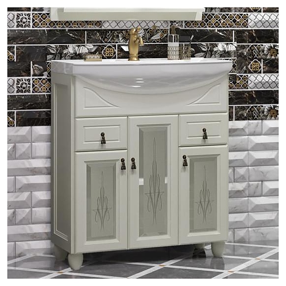 Тумба напольная под раковину с художественным стеклом OPADIRIS Тибет 75 00-00003878, слоновая кость