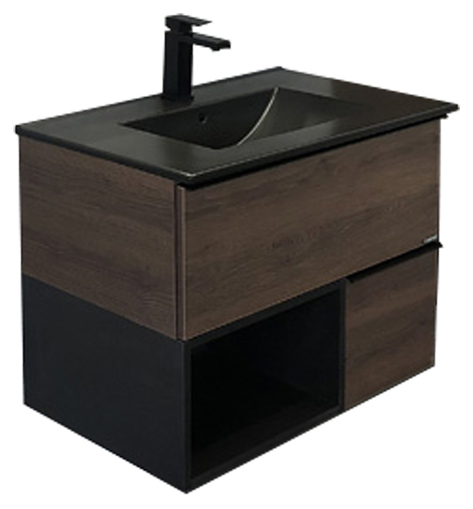 Тумба с раковиной Comforty Франкфурт-75 дуб шоколадный, черная раковина