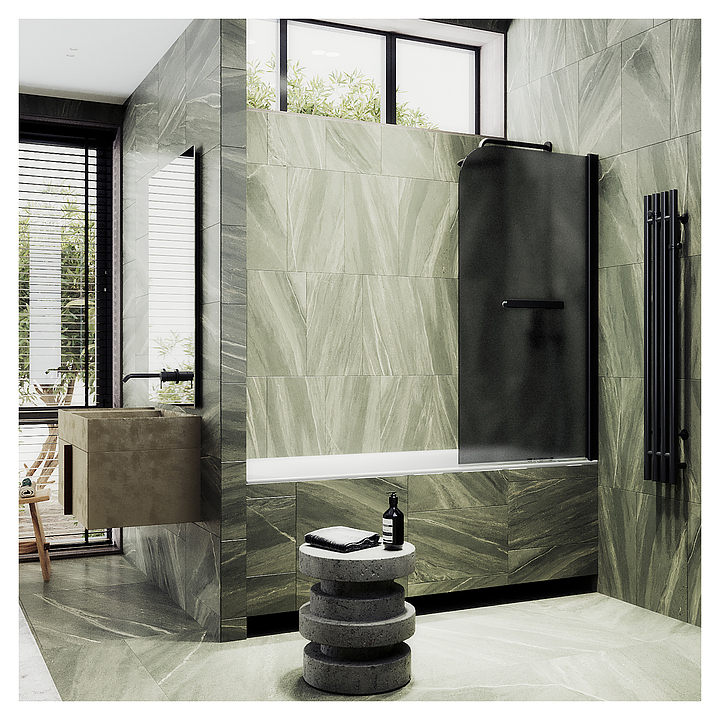 Шторка на ванну с полотенцедержателем MaybahGlass MGV-774-6 50х140 см, распашная, графит матовый, черный