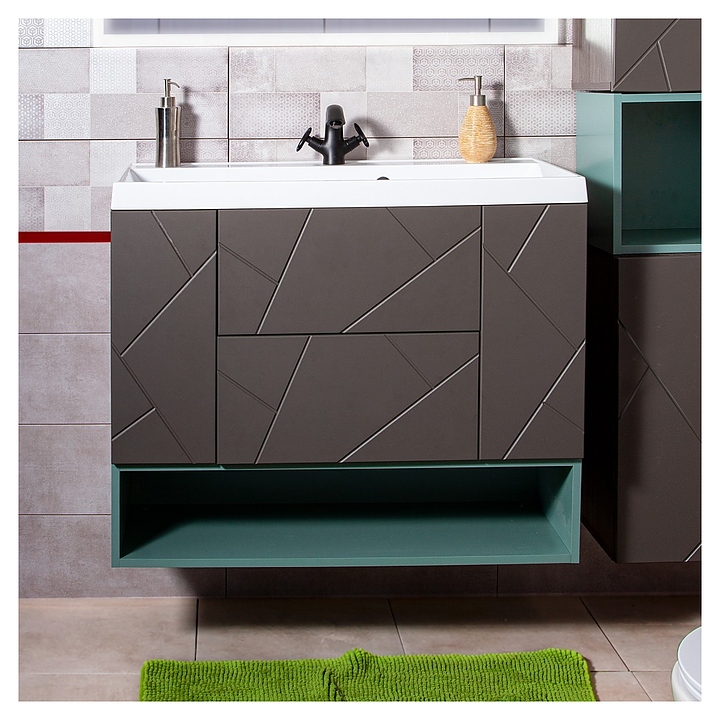 Тумба под раковину БРИКЛАЕР Кристалл 90 см с нишей, подвесная, ясень анкор темный, софт графит