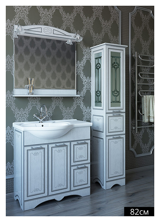 Гарнитур Sanflor Адель 82 см, 4 предмета, с правост. раковиной, c правост. пеналом, белый, серебро