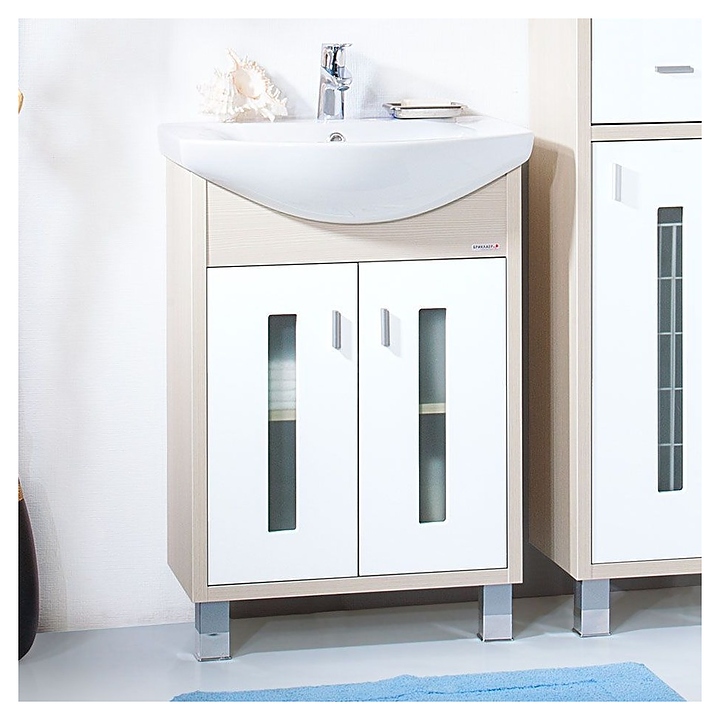 Тумба под раковину БРИКЛАЕР Бали 60 см напольная, светлая лиственница/белый глянец