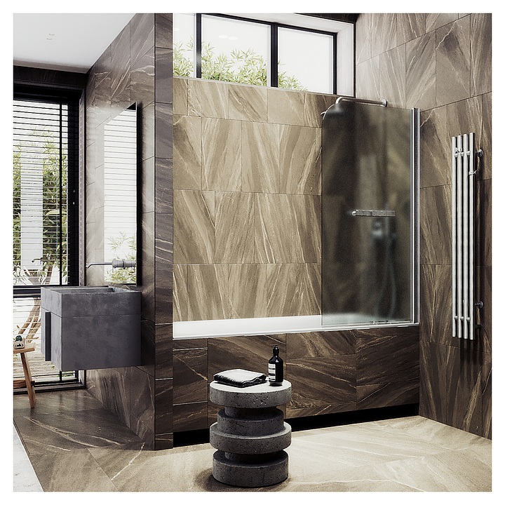 Шторка на ванну с полотенцедержателем MaybahGlass MGV-775-5 50х140 см, распашная, сатин, хром матовый