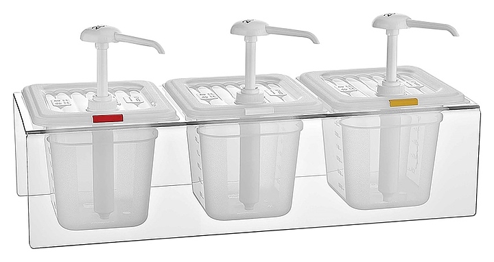 Диспенсер для соуса Gastroplast GDP-03 3х2 л GN1/6 h=150 мм с дозатором 25 мл (полипропилен) на подставке (поликарбонат) прозрачный