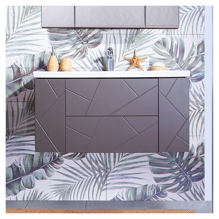 Тумба под раковину БРИКЛАЕР Кристалл 100 см без ниши, подвесная, ясень анкор темный, софт графит