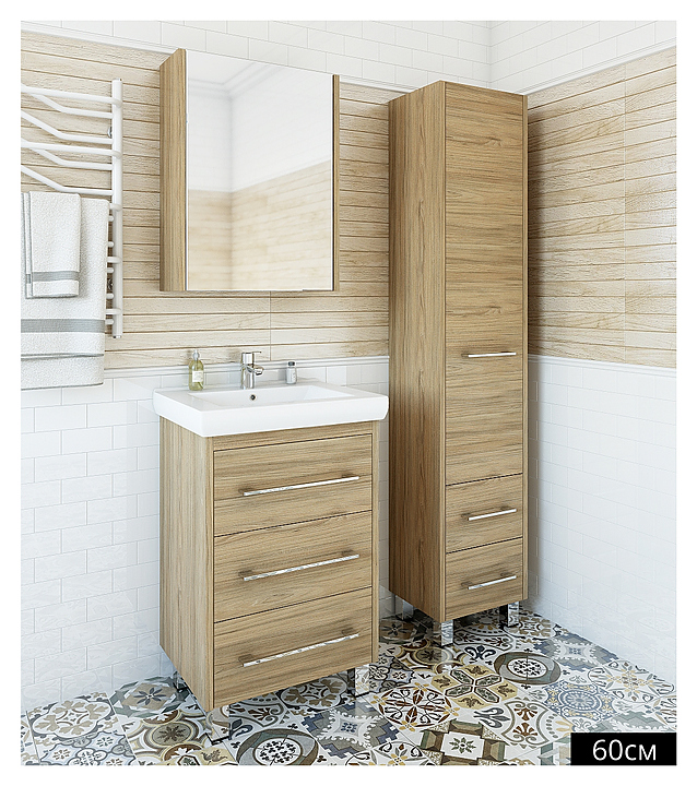 Гарнитур Sanflor Ларго 60 см, 4 предмета, напольный, с левост. зеркалом, с правост. пеналом, белый, швейцарский вяз