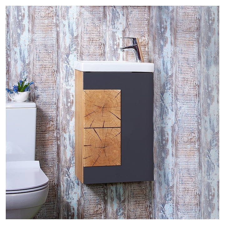 Тумба под раковину БРИКЛАЕР Форест 40 см подвесная, дуб золотой, антрацит, вставки с рисунком 