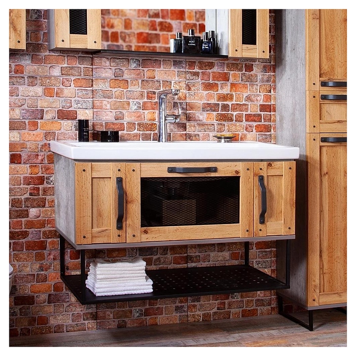 Тумба под раковину БРИКЛАЕР Лофт 100 см подвесная, дуб золотой, метрополитен грей