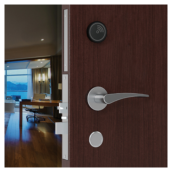 Замок электронный автономный NORWEQ ULTIMATE RFID, накладка черная, с цилиндром, ручка Wing, матовый хром, правый