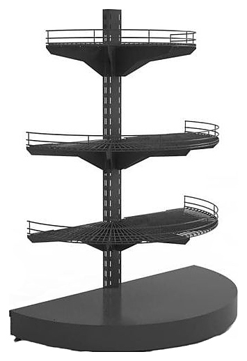 Стеллаж торцевой полукруглый низкий Евромаркет H=1320, G=500 с полками 2х400 мм, 1х300 мм, нижний цоколь, дополнительная стойка