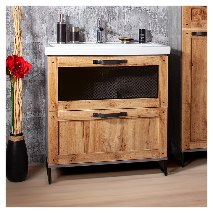 Тумба под раковину БРИКЛАЕР Лофт 60 см напольная, дуб золотой, метрополитен грей