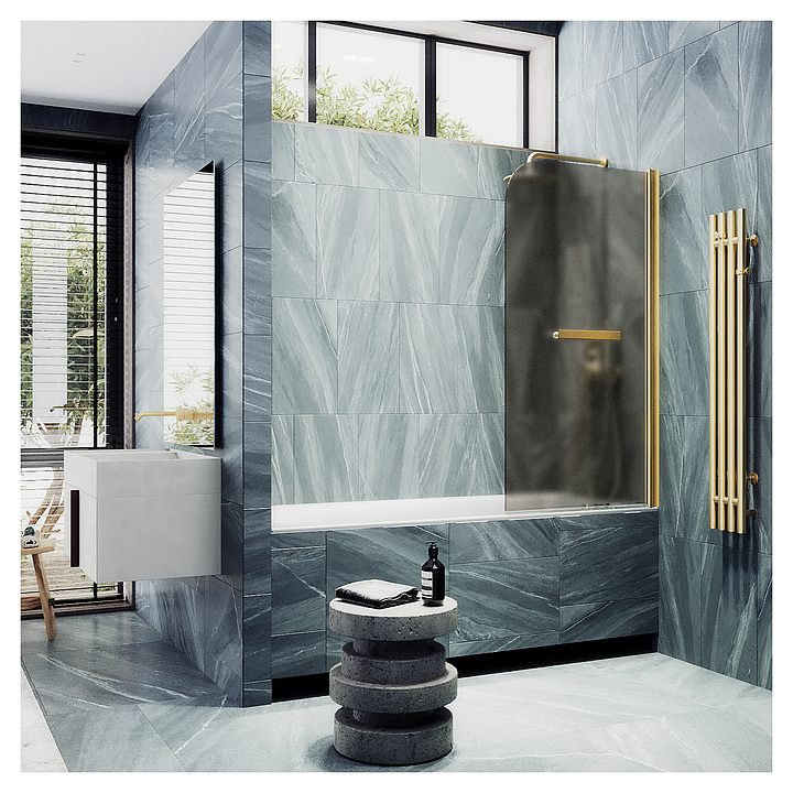 Шторка на ванну с полотенцедержателем MaybahGlass MGV-790-3 80х140 см, распашная, бронза матовая, золото