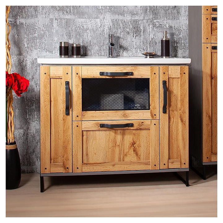 Тумба под раковину БРИКЛАЕР Лофт 100 см напольная, дуб золотой, метрополитен грей