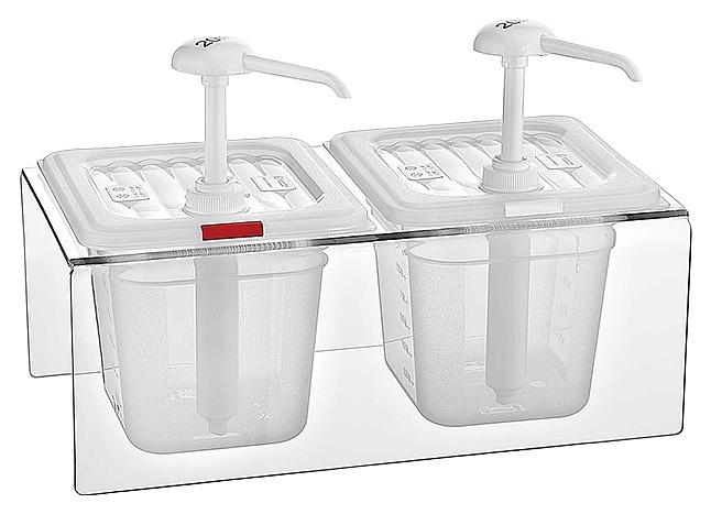 Диспенсер для соуса Gastroplast GDP-02 2х2 л GN1/6 h=150 мм с дозатором 25 мл (полипропилен) на подставке (поликарбонат) прозрачный