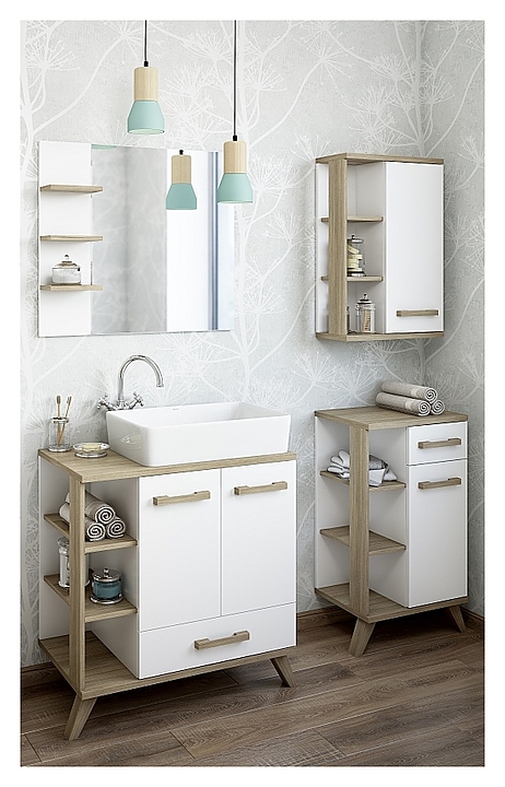 Гарнитур Sanflor Ингрид 120 см, 5 предметов, с подвесн. шкафом 50 см, с тумбой 50 см, бел. матовый, вяз швейцарский