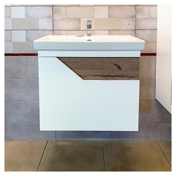 Тумба под раковину БРИКЛАЕР Брайтон 60 см, подвесная, белый матовый, дуб Кера