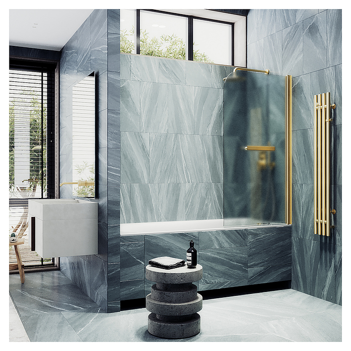 Шторка на ванну с полотенцедержателем MaybahGlass MGV-787-3 70х140 см, распашная, сатин, золото