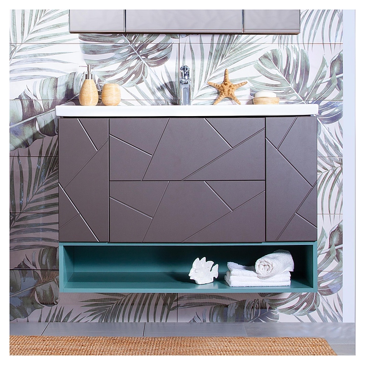 Тумба под раковину БРИКЛАЕР Кристалл 100 см с нишей, подвесная, ясень анкор темный, софт графит