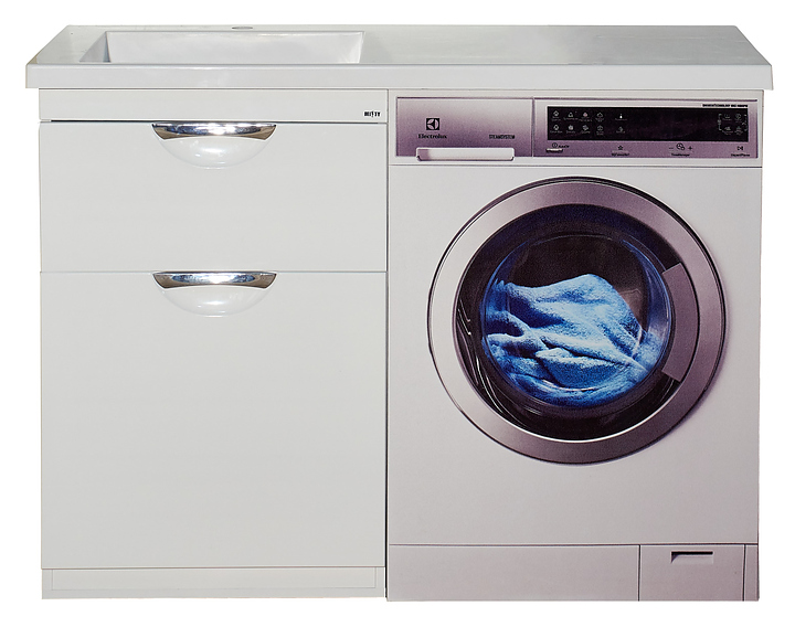 Тумба под раковину Misty Куба-60 55х86 см, с 1 ящиком и бельевой корзиной, под стиральную машину, белая