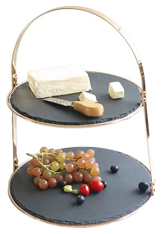 Этажерка сервировочная MGprof 68758 d=32/34,5 см h=35 см 2-ярусная (сланец / металл) черная / золото