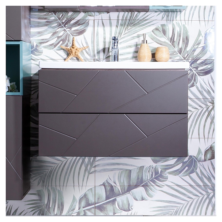 Тумба под раковину БРИКЛАЕР Кристалл 80 см без ниши, подвесная, ясень анкор темный, софт графит