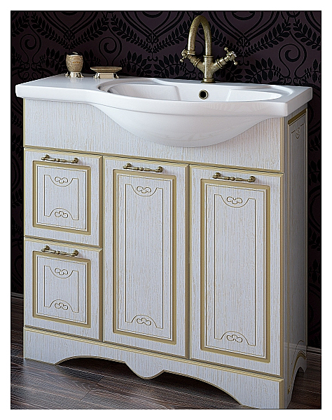 Тумба с раковиной Sanflor Адель 82 см правосторонняя, белая, патина золото