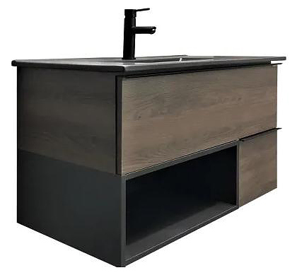 Тумба с раковиной Comforty Франкфурт-90 дуб шоколадно-коричневый, черная раковина