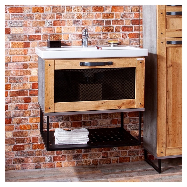 Тумба под раковину БРИКЛАЕР Лофт 70 см подвесная, дуб золотой, метрополитен грей