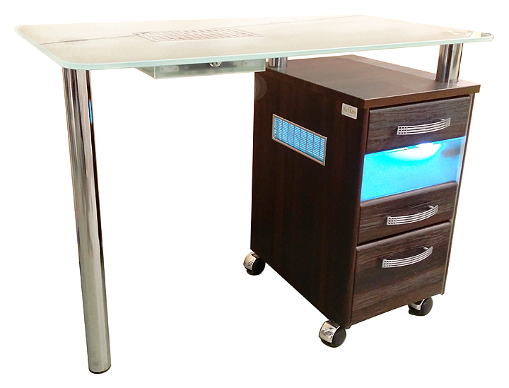 Стол маникюрный Пластэк-Техник одноместный, с 1 тумбой, стеклянной столешницей, УФ-блоком и вытяжкой