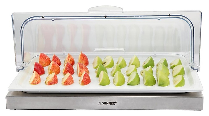 Поднос для выкладки Sunnex MSSCP-1/1+C88683+88189L 53х32,5х19 см (фарфор) с крышкой Roll-top (пластик) и подставкой (нерж. сталь) с хладагентом