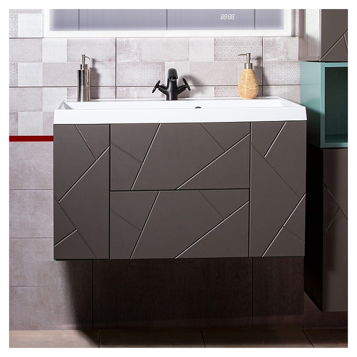 Тумба под раковину БРИКЛАЕР Кристалл 90 см без ниши, подвесная, ясень анкор темный, софт графит