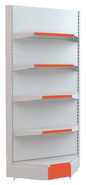 Стеллаж угловой внутренний Евромаркет L=800, H=2250, G=500 с полками 2х400 мм, 2х300 мм, нижний цоколь