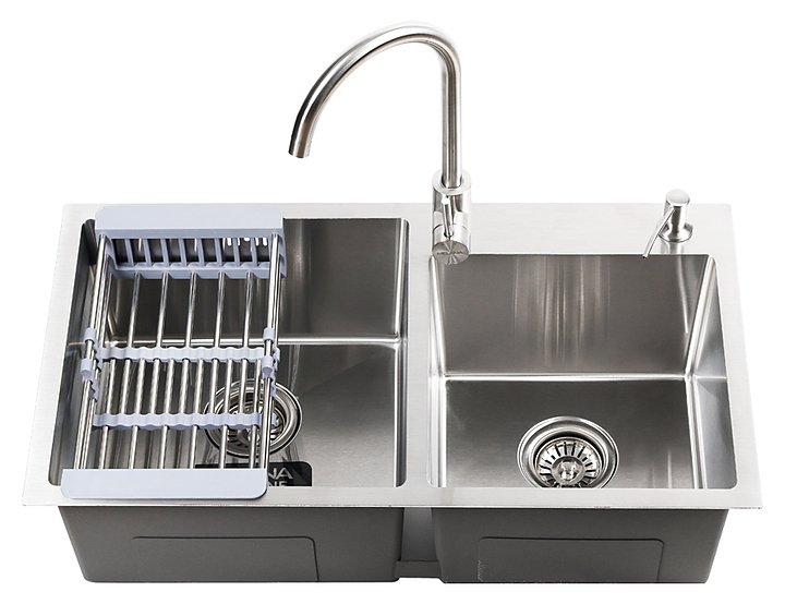 Кухонная мойка двойная MELANA S7843H + 4 ProfLine 3,0/220 комплект 5 в 1, сатин