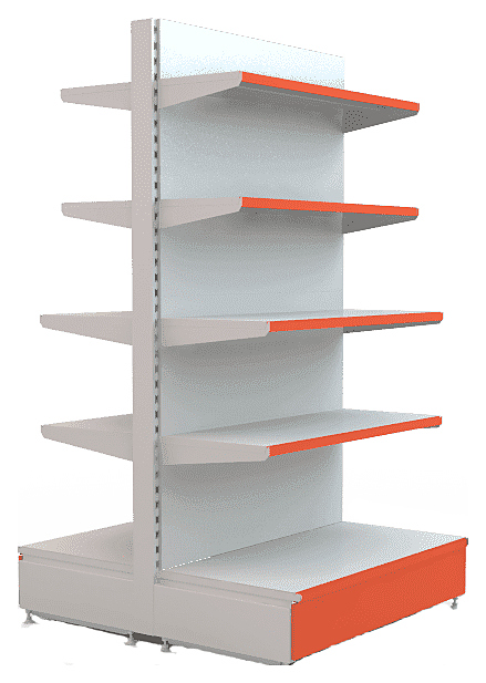 Стеллаж островной Евромаркет L=1250, H=1820, G=500 с полками 4х400 мм, 4х300 мм, нижний цоколь