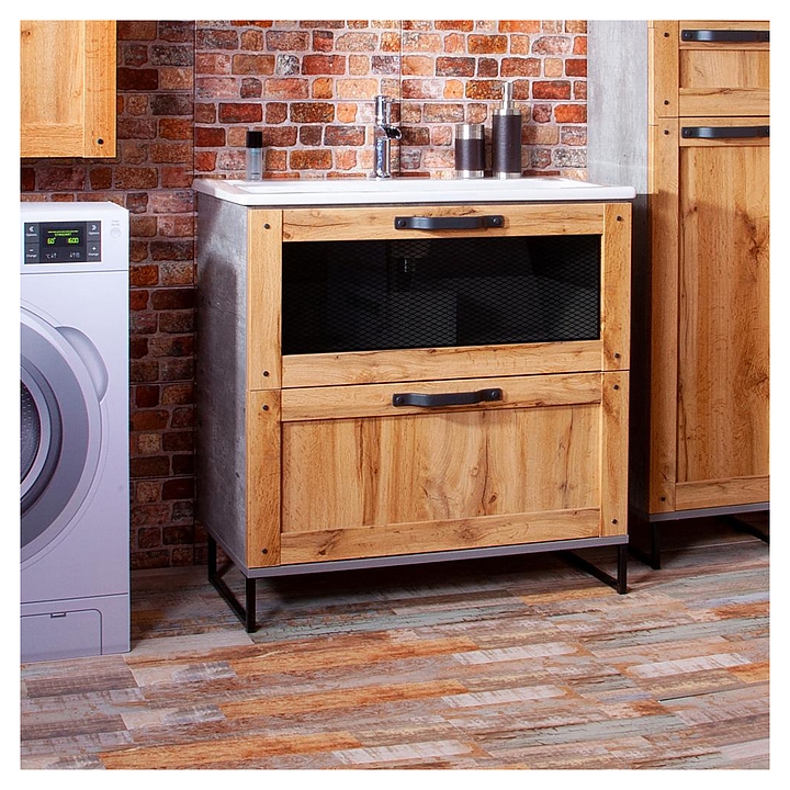 Тумба под раковину БРИКЛАЕР Лофт 80 см напольная, дуб золотой, метрополитен грей